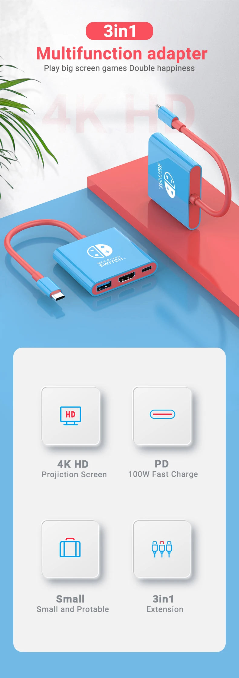 HubX 3-in-1 USB-C Hub — 4K HDMI, 100W PD Charging + USB 3.0 for MacBook, iPad & Switch