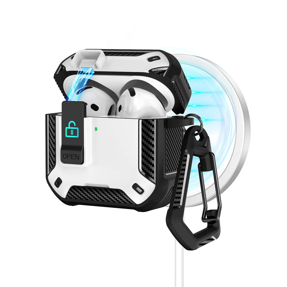 ArmourGuard AirPods Pro 2 & 4 Case — Magnetic Lid, Full-Body Protection + Carabiner