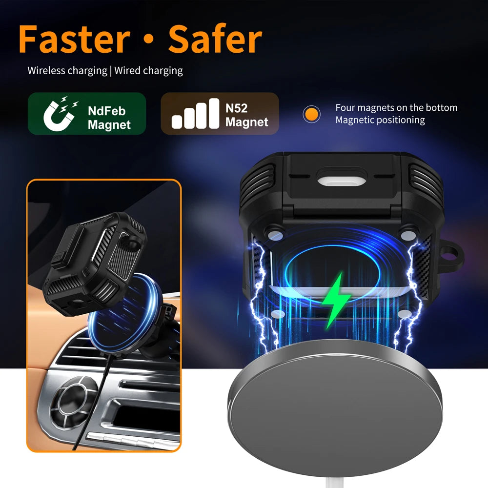 ArmourGuard AirPods Pro 2 & 4 Case — Magnetic Lid, Full-Body Protection + Carabiner