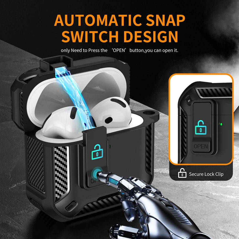 ArmourGuard AirPods Pro 2 & 4 Case — Magnetic Lid, Full-Body Protection + Carabiner