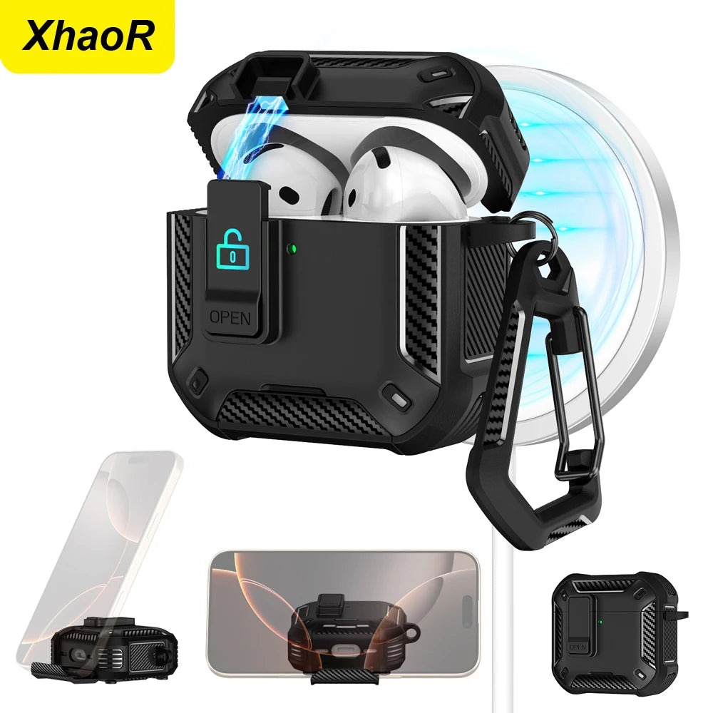 ArmourGuard AirPods Pro 2 & 4 Case — Magnetic Lid, Full-Body Protection + Carabiner