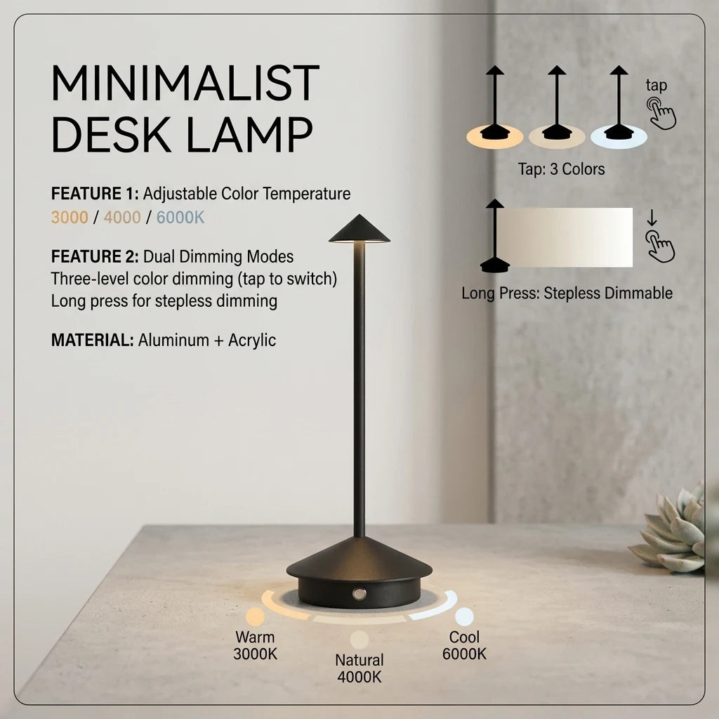 LumiDesk Rechargeable LED Desk Lamp — Touch Dimmer, 3 Color Temps, Cordless