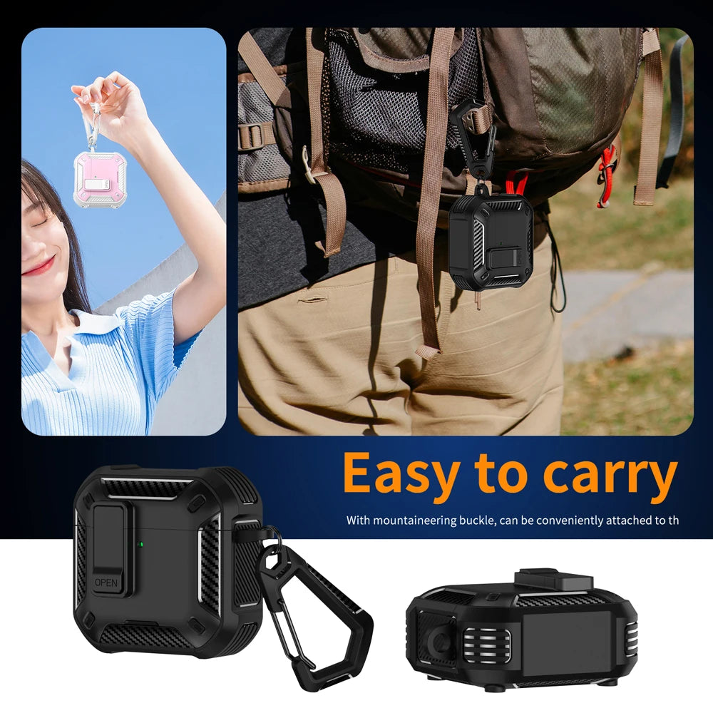 ArmourGuard AirPods Pro 2 & 4 Case — Magnetic Lid, Full-Body Protection + Carabiner