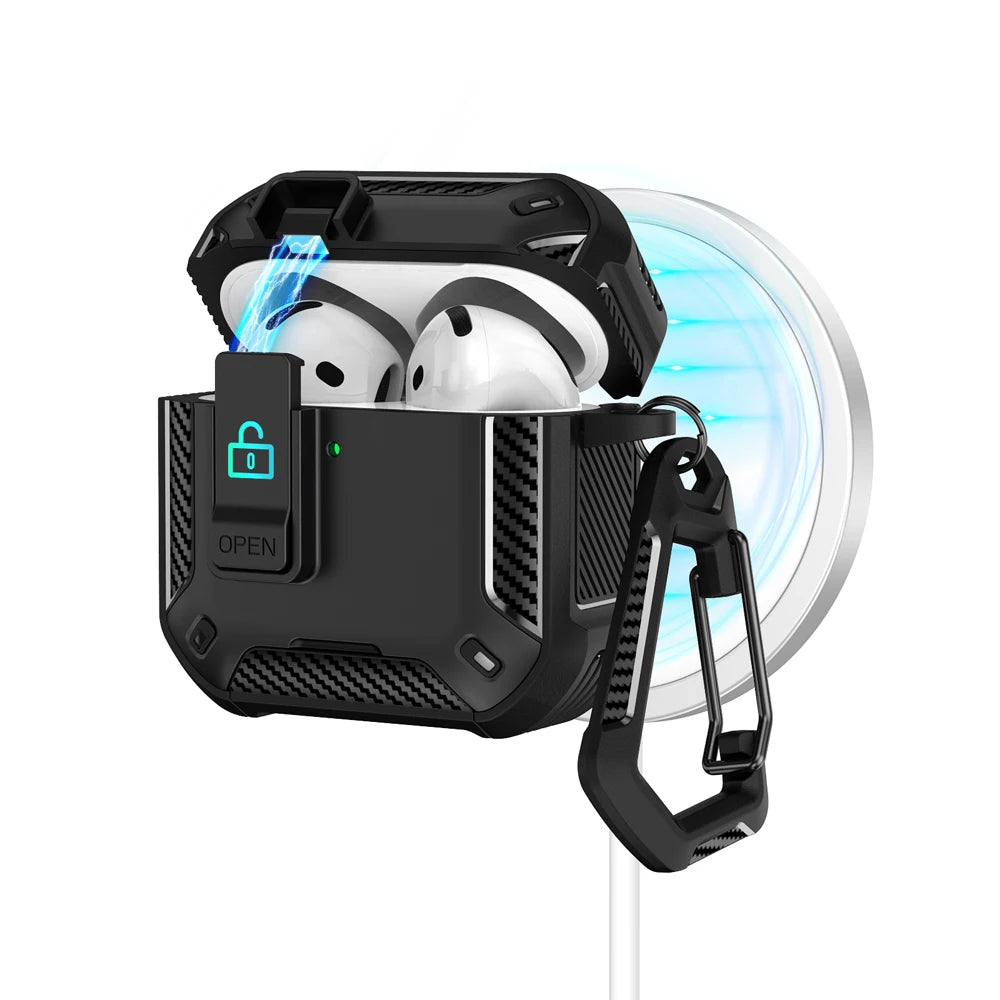 ArmourGuard AirPods Pro 2 & 4 Case — Magnetic Lid, Full-Body Protection + Carabiner