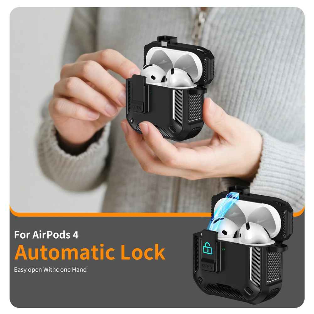ArmourGuard AirPods Pro 2 & 4 Case — Magnetic Lid, Full-Body Protection + Carabiner