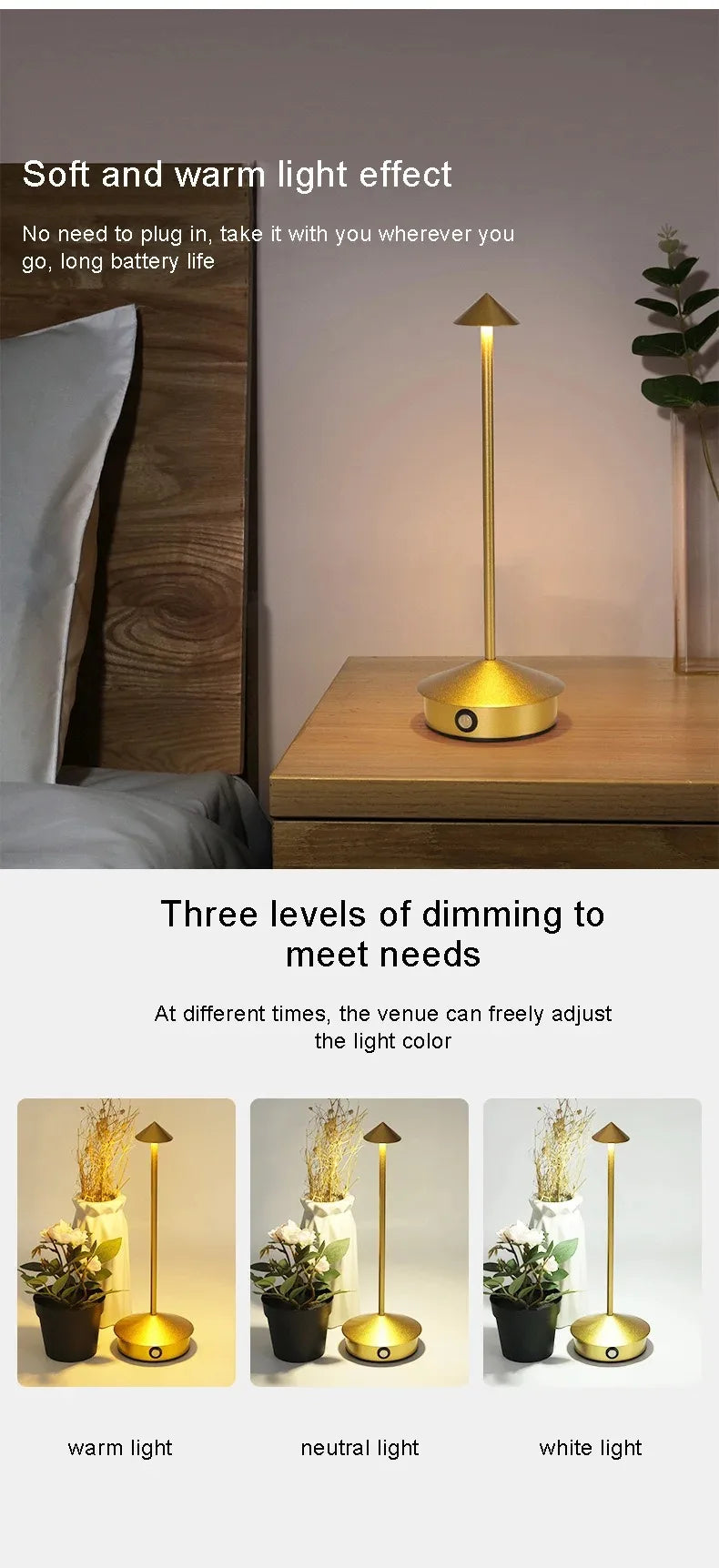 LumiDesk Rechargeable LED Desk Lamp — Touch Dimmer, 3 Color Temps, Cordless