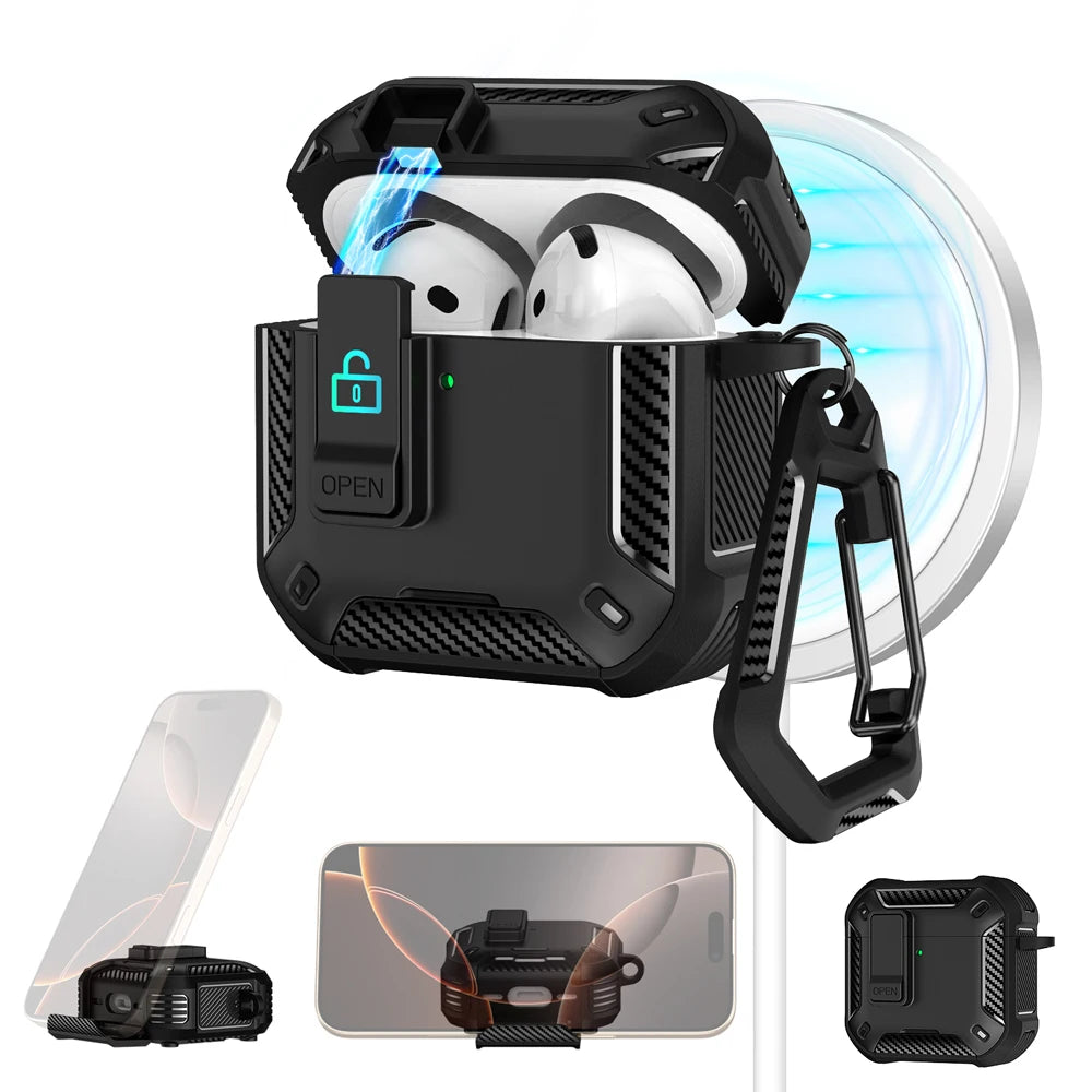 ArmourGuard AirPods Pro 2 & 4 Case — Magnetic Lid, Full-Body Protection + Carabiner