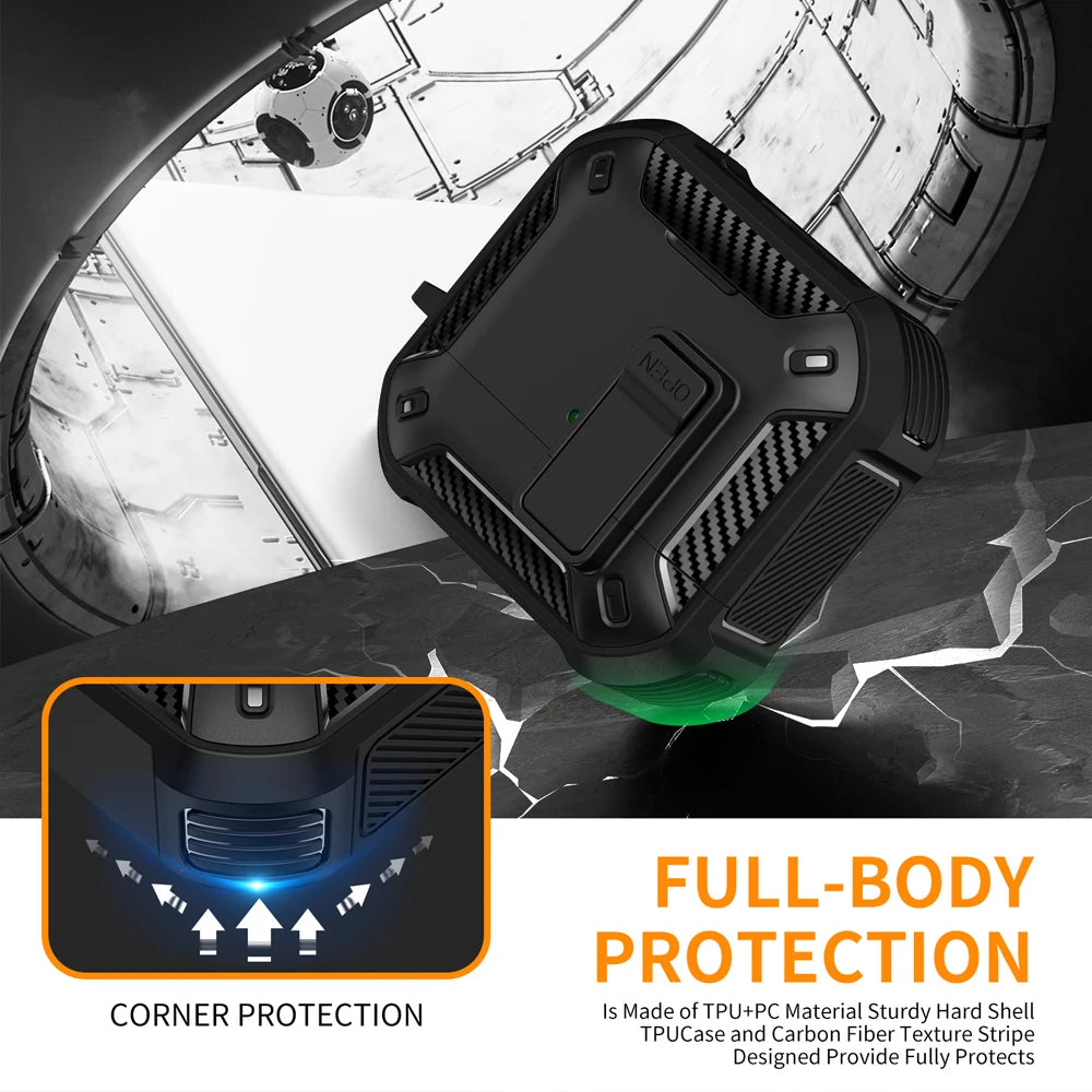 ArmourGuard AirPods Pro 2 & 4 Case — Magnetic Lid, Full-Body Protection + Carabiner